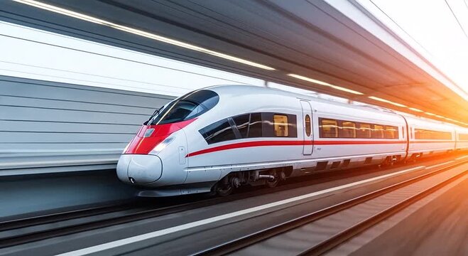 Streamlined white and red high-speed train zipping through a modern station