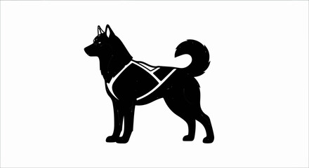 Silhouette of a black husky dog with a white harness © Asaku