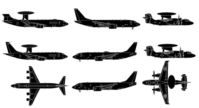 AWACS Radar Aircraft Multi-Angle Vector Silhouette Set 2026