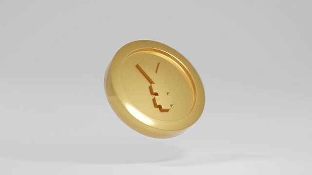 Abstract 3D background featuring a single golden Japanese Yen coin spinning smoothly on a clean white backdrop, representing finance, wealth, investment, and minimalist economic motion design