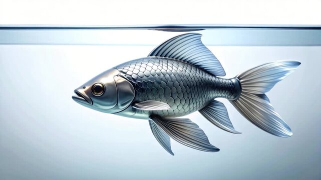 A metallic fish swims in clear water, with detailed scales and fins, underwater with a blue tone