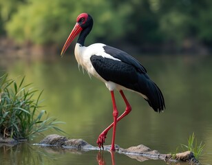 Fototapeta premium Saddle billed stork stands near water on rock. Big bird has long red bill, black neck, white body, red legs. Safari wildlife photo shows large stork in natural habitat.