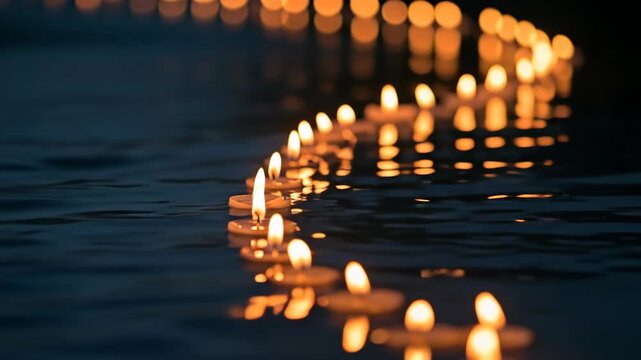 Serene floating candles on calm water at dusk creating peaceful ambiance