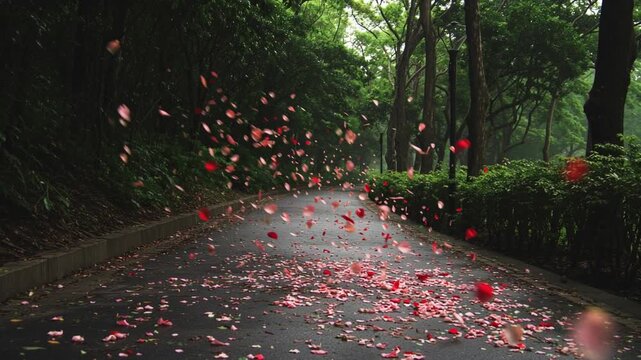 Flower petals blowing across a quiet park path in the wind