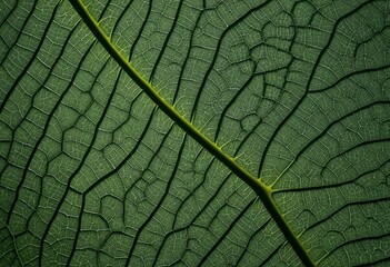 Obraz premium Detailed View Of A Plant Leaf's Texture And Design, Highly Textured Surface, Vein Patterns In Shadows And Light, Botanical Theme, Organic Form, Green Vibrant Hues.