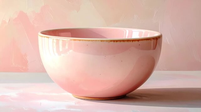 A pink ceramic bowl sits on a white surface with a painterly textured pink backdrop
