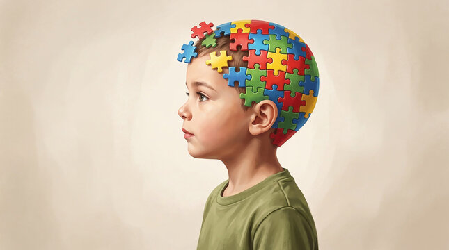 Autism Template Design - Child with Colorful Puzzle Pieces Symbolizing Autism Spectrum Awareness