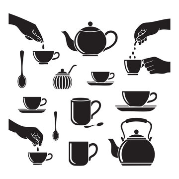 Black and white of tea preparation with cups teapots and hands adding sugar