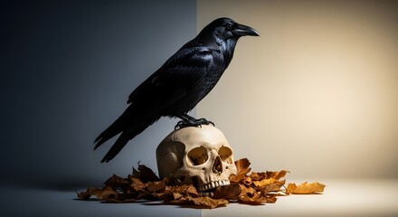 Fototapeta premium Black raven perched on skull surrounded by autumn leaves in dramatic lighting
