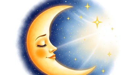 Fototapeta premium Smiling crescent moon with stars in a night sky illustration