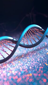 Vertical video: Rotating DNA helix in lab revealing teal backbones, copper rungs as camera nearing