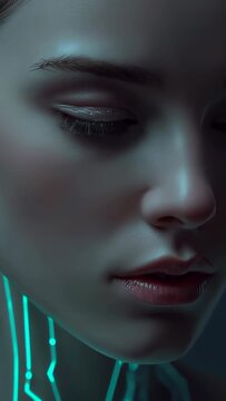 Vertical video: Reacting to circuit pulsing, cyborg blinking, lips parting in lab with teal drop