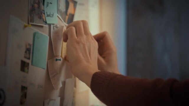 A mans hand meticulously pins colored sticky notes on an office board, visually mapping out tasks and organizing ideas in a productive work environment