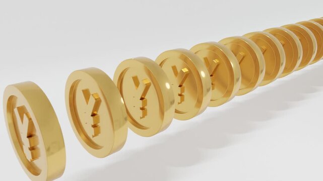 Abstract 3D background with multiple golden Japanese Yen coins aligned in a straight line on a white surface, symbolizing growth, wealth, and financial success in clean minimal economic motion 