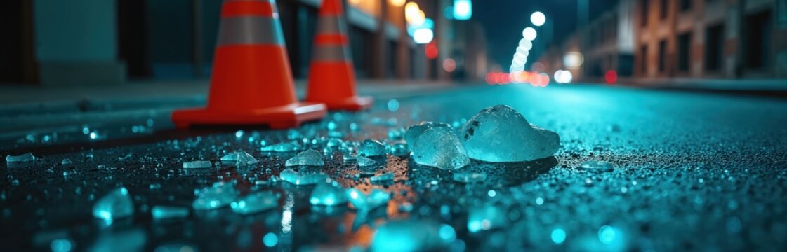 Shattered glass lit by blue light lies on wet asphalt. Orange traffic cones mark the area. City street at night after incident. Blurred building lights in background.
