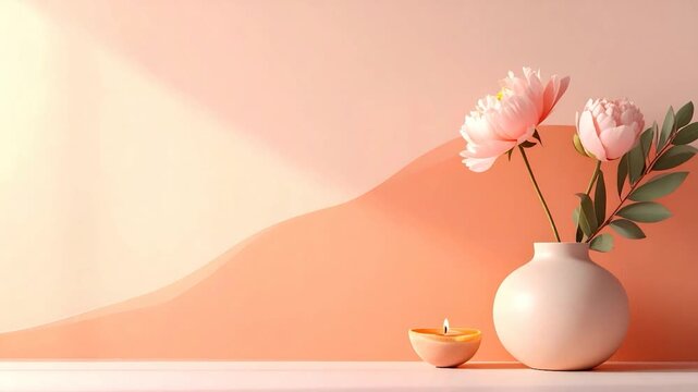 A floral arrangement in a vase with a lit candle against a gradient background in peach tones