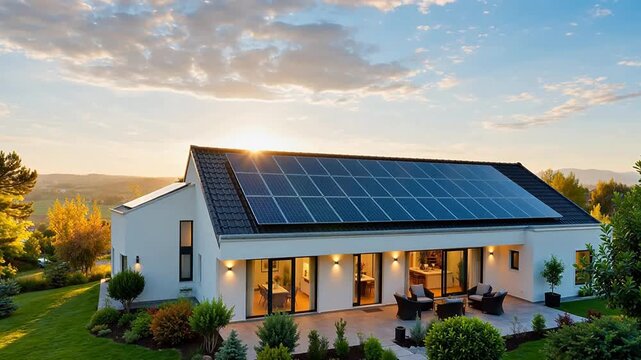 Modern house with solar panels at sunset