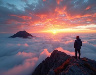 Fototapeta premium Man on rocky mountain peak watches vibrant sunset over sea of clouds. Distant mountaintop emerges from fog. Sky glows with orange pink hues at dusk.