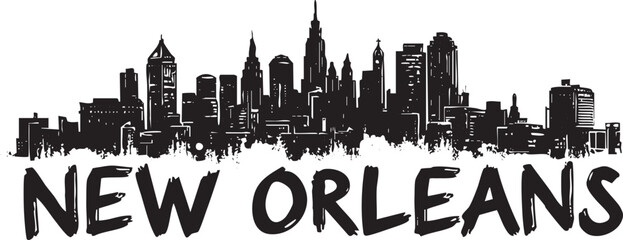 New orleans skyline graphic with text, black and white vector art on transparent background © Bakalia