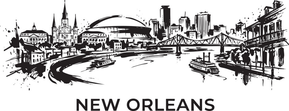 New orleans riverfront skyline with steamboats, black and white vector art on transparent background