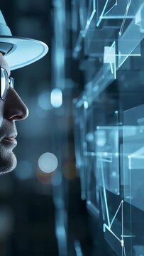 Vertical video: Panels animating man in white hardhat, specs studying blue UI in lab, copy space