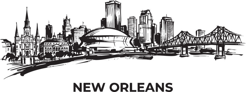 New orleans skyline with superdome and bridge, black and white vector art on transparent background