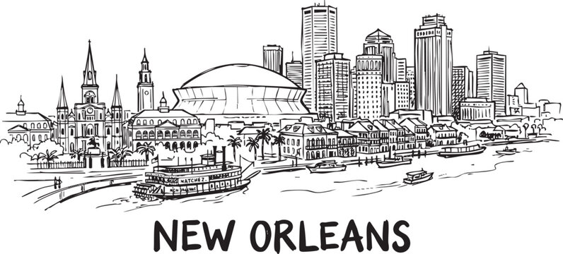 Panoramic hand drawn new orleans skyline with natchez riverboat on mississippi river bank