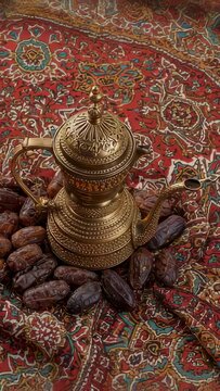 Vertical video: Panning camera re-centering ornate brass dallah on red textile, showcasing dates