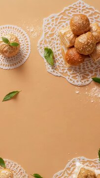 Vertical video: Shifting camera right revealing pile of rolls on doily on warm beige table, mint