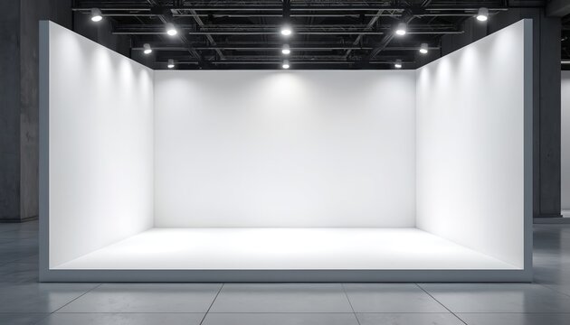 Empty trade show booth with bright interior lights and clean white walls. This blank exhibit space is ready for product display or commercial presentation at an event.