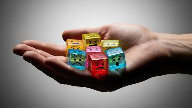 Hand Holding Colorful Emotion Dice with Various Faces Displaying Different Moods
