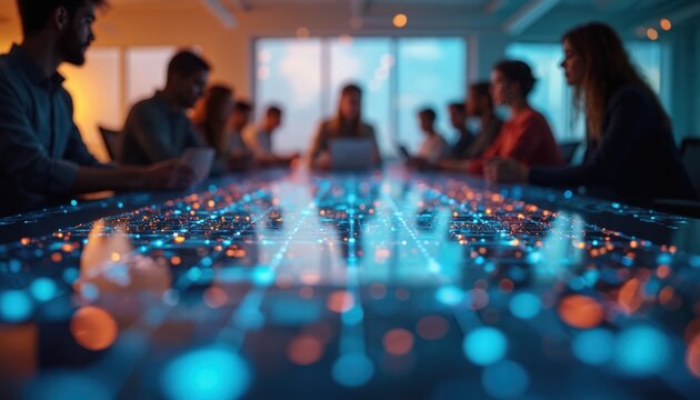 Diverse team collaborates around futuristic boardroom table with glowing digital network overlay. People discuss ideas, plan projects, share data in modern office.