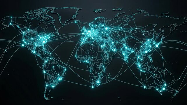 Glowing world network map connecting cities with light data pathways and node connections, neon global city network map conveying digital
