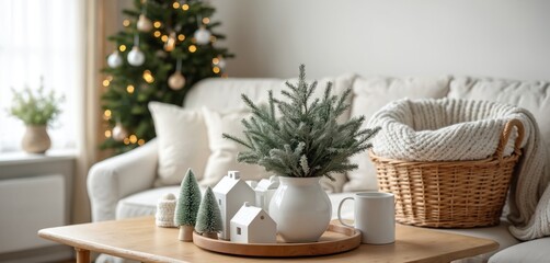Obraz premium Festive living room interior features Christmas tree, pine branches, and white house decor on table. Cozy hygge atmosphere with blanket in basket and plush sofa.
