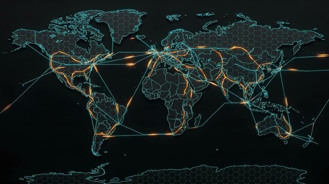 Neon network map of world with glowing connection lines and hexagon grid overlay showing global data routes, digital communication flow