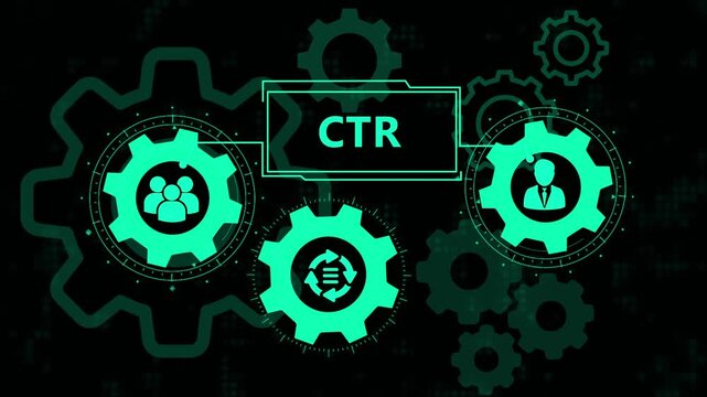 Digital Marketing CTR Click-Through Rate Concept with Glowing Green Gears and Business Icons on Dark Background.