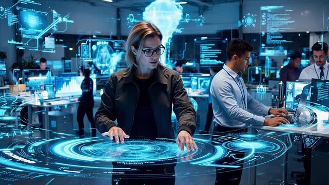 Futuristic office with digital interface