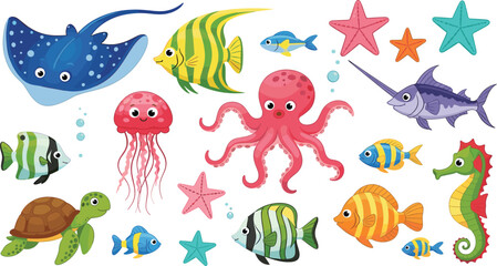 Colorful Ocean Animals Cartoon Set with Octopus, Stingray, Seahorse, Turtle, Jellyfish, Starfish, and Tropical Fish for Kids Marine Illustration.