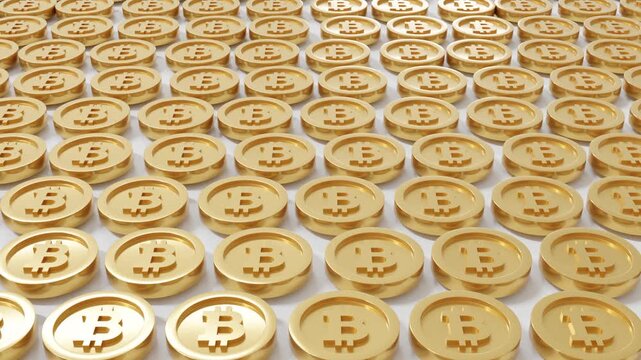 3D abstract background featuring rows of gold coins with embossed Bitcoin symbols arranged on a white surface, moving horizontally in a seamless looping motion with elegant metallic reflections