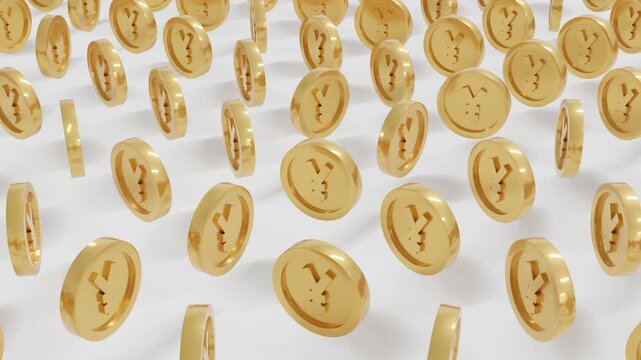 Abstract 3D animation featuring rotating golden Japanese Yen coins arranged in a perfect square grid over a white surface, seamless loop symbolizing investment, finance, and elegant modern economy vi