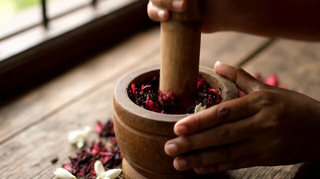 Close up of hands grinding herbs in a bowl on table or Close up of herbs being ground with pestle in wooden bowl
