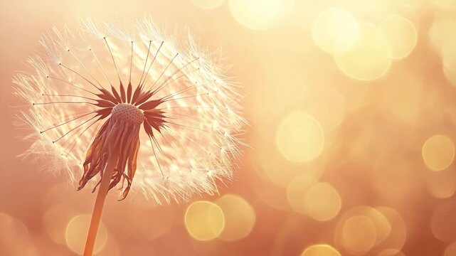 Close-up of a dandelion with delicate, feathery seeds. Warm, blurred background with bokeh