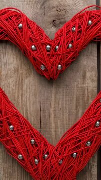 Vertical video: Zooming camera moving closer to two red yarn hearts on wood plank, showing studs