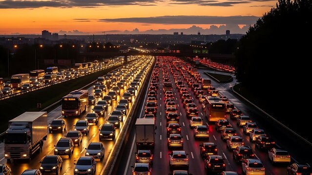 Rush Hour Traffic on Highway at Sunset.
