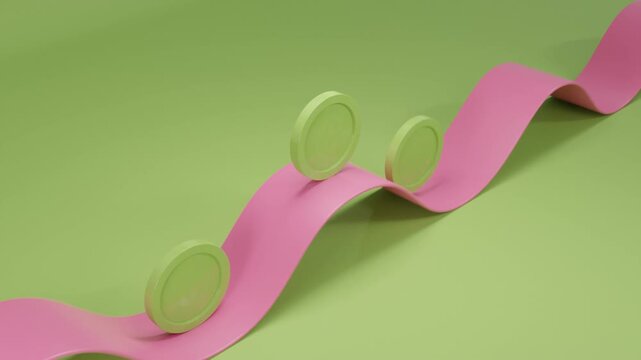 3D abstract background with three green coins moving along a pink curved stripe, creating contrast, depth, and fluid rhythm within minimalist and modern geometric composition