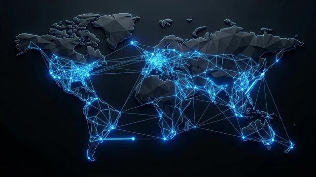 Global network map glowing with blue connection lines and nodes across continents. digital world map conveying global communication, data flow