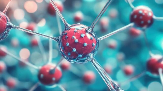 Close-up of a molecular structure, red spheres connected by rods, against a teal and pink background