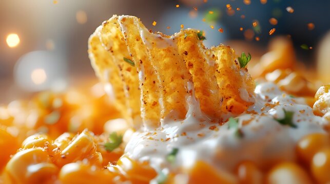 A crispy wavy corn chip dipped into creamy ranch dressing with fresh herbs sprinkled on top against a warm blurred background for food photography.