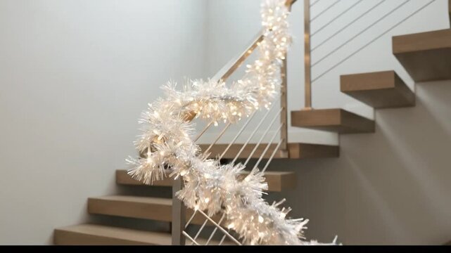 Modern Home Interior with Elegant Floating Staircase Adorned with Festive White Garland and Contemporary Art.