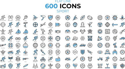Flat line sports icons collection, running, basketball, soccer, swimming, sailing, volleyball, archery, skiing, trophies, equipment, fitness, competition © Hello world 